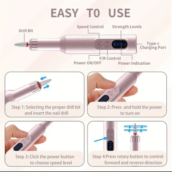 Rechargeable Portable Professional Cordless Electric Nail File Drill Pink eFile - Picture 4 of 5